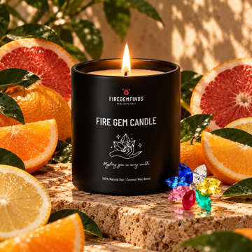 Black cylindrical candle jar with burning flame and Fire Gem Candle label