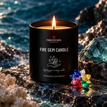 Black cylindrical Fire Gem candle jar with flame, blue-gem style graphic on label.