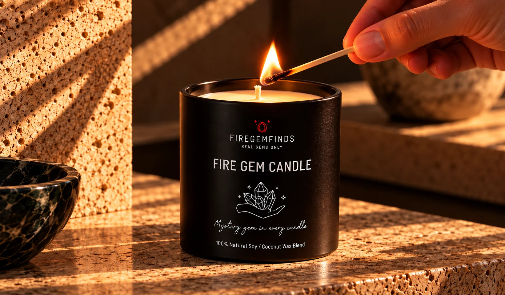 A hand lighting the Fire Gem Candle with a match