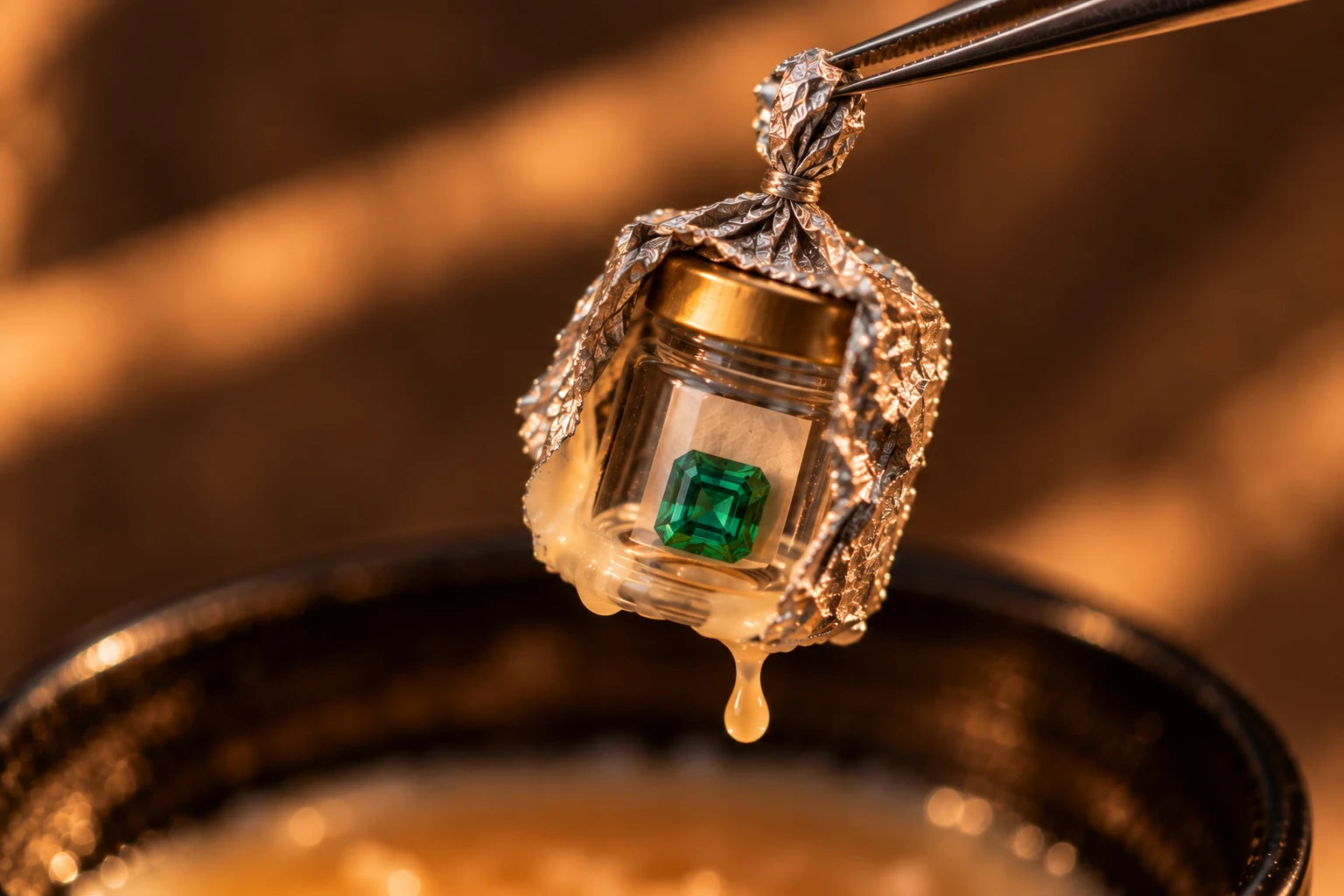 Tweezers lifting the foil packet with an emerald inside out of the candle