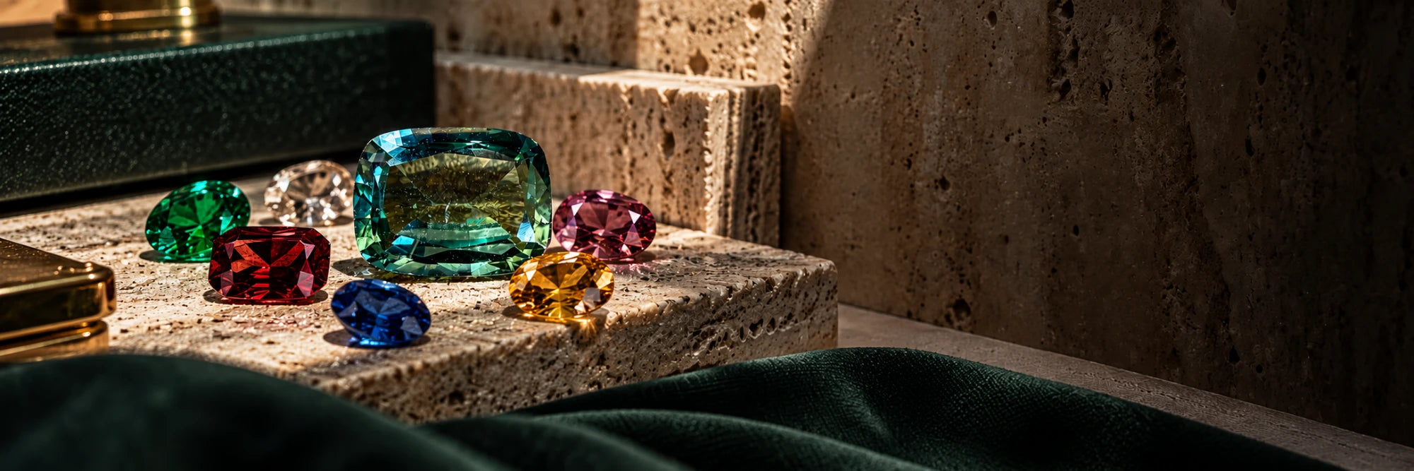 Emerald, ruby, sapphire, tourmaline, citrine and a large green-blue cushion gem on a travertine ledge