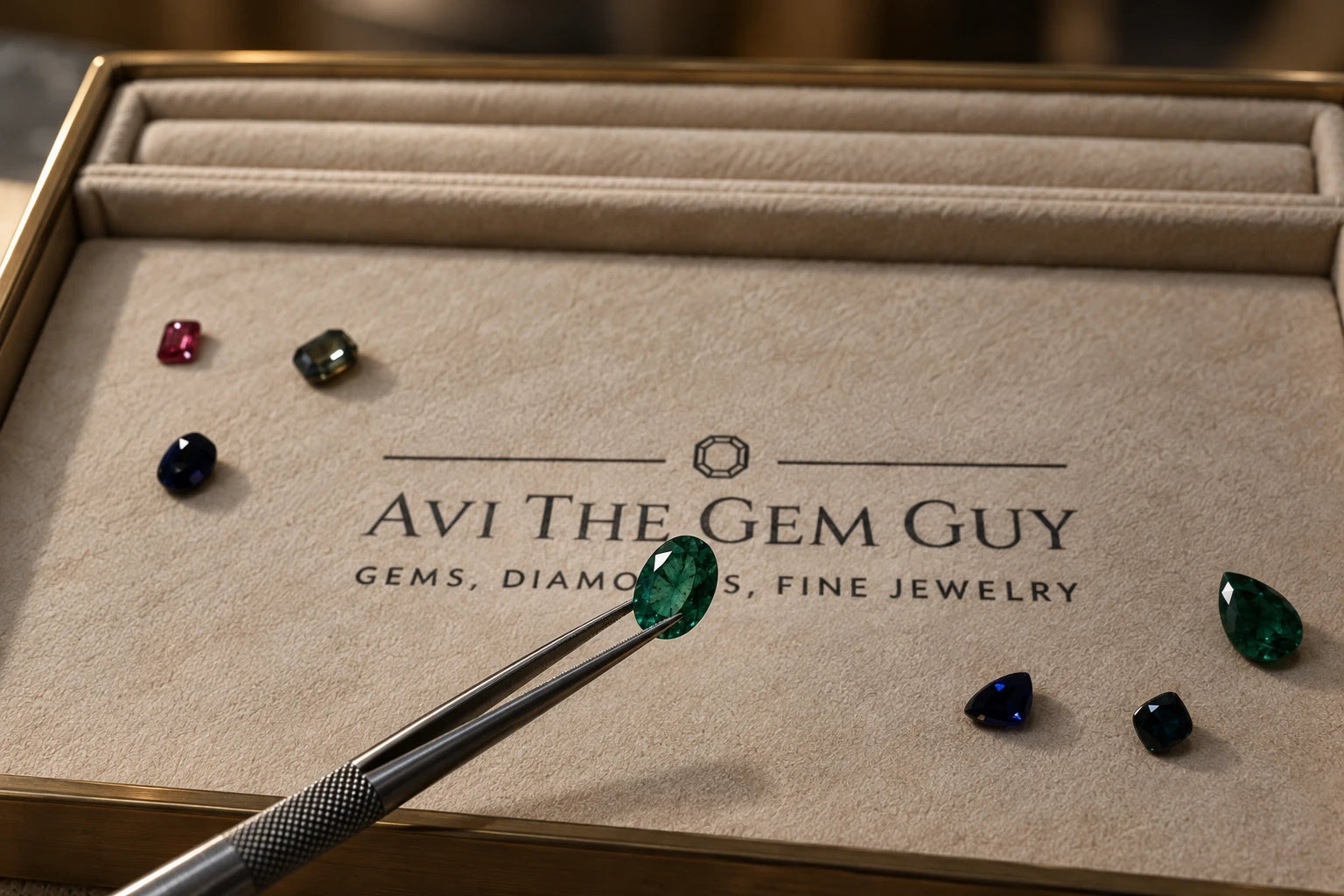 Loose colored gemstones on a bone suede tray with a brass rim, tweezers holding an oval emerald above the Avi The Gem Guy wordmark