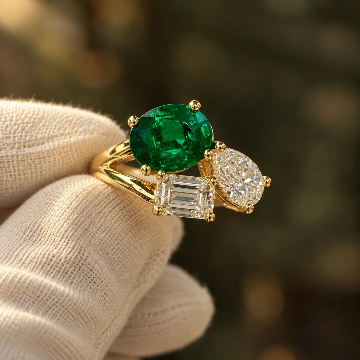 A yellow gold ring with an oval emerald, an emerald-cut diamond and a pear-cut diamond, held in a gloved hand
