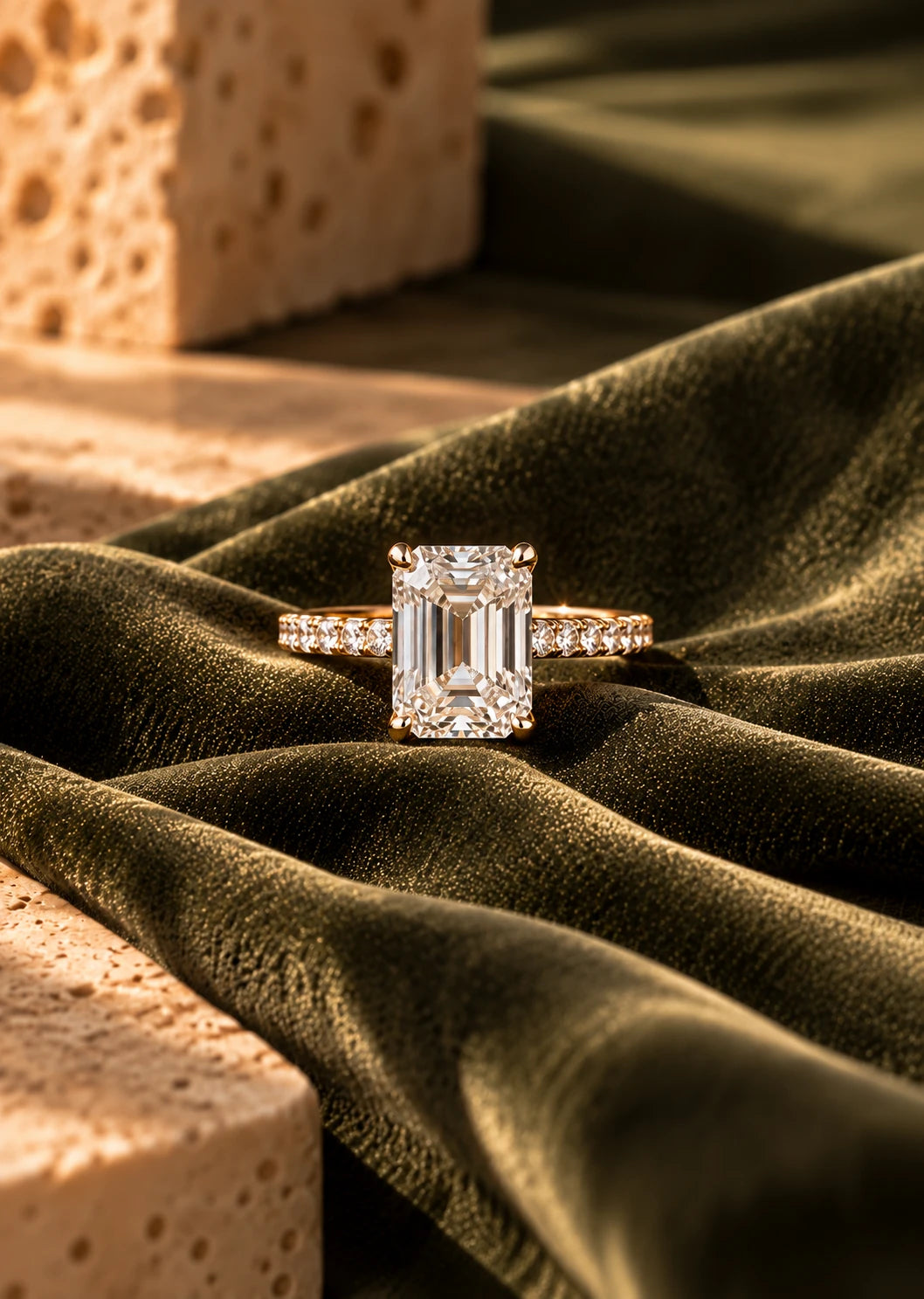Emerald-cut diamond engagement ring in yellow gold on olive velvet, lit by low sun