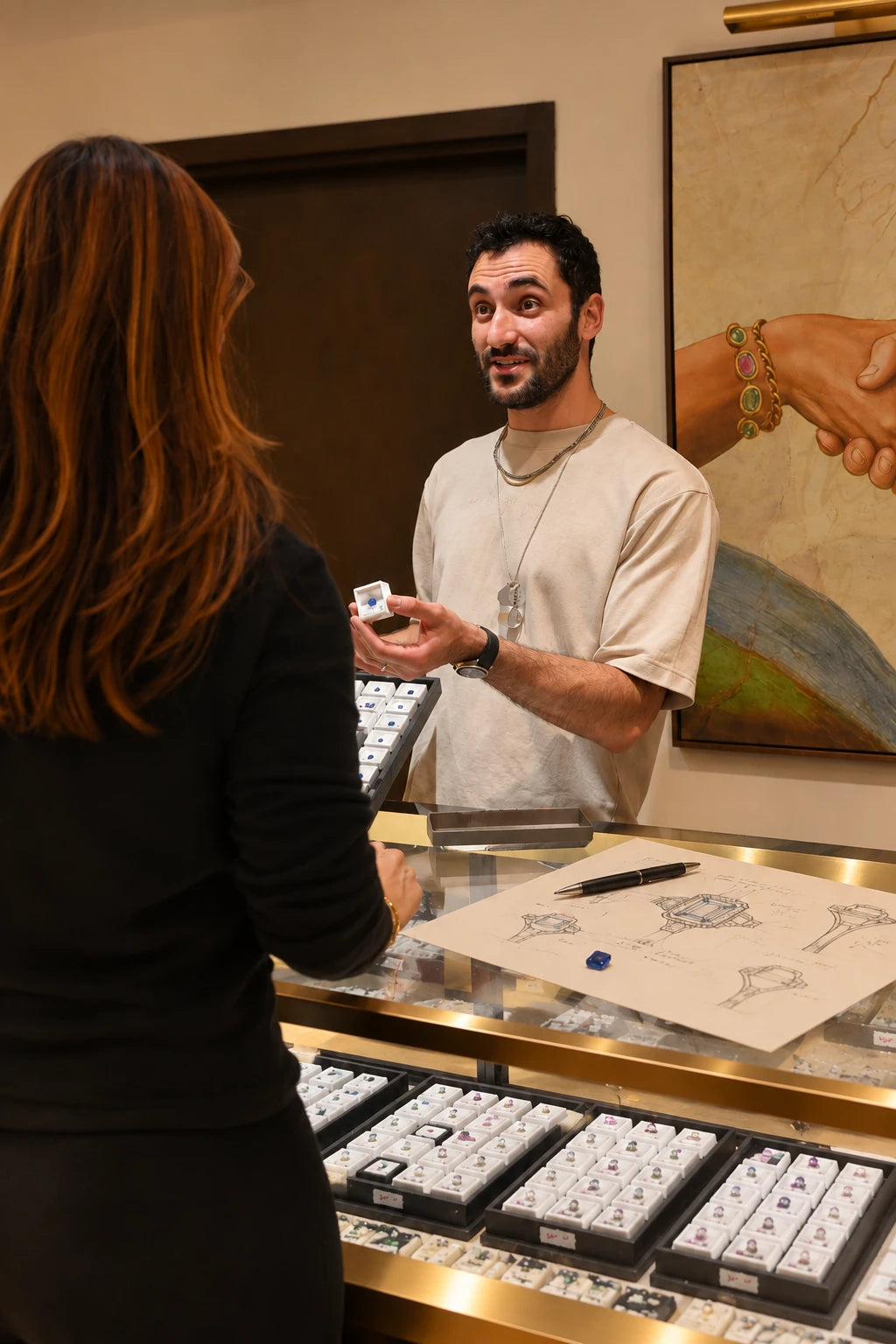 Avi showing a boxed blue gemstone to a client across the showroom counter, with hand-drawn ring designs and trays of loose stones on the glass