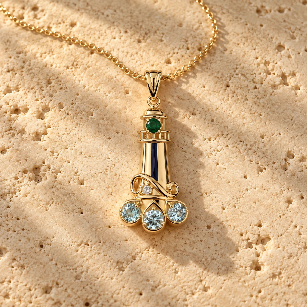 A yellow gold lighthouse pendant with a green stone at the top, a dark blue inlay down the tower and three pale blue stones at the base, on a fine gold chain