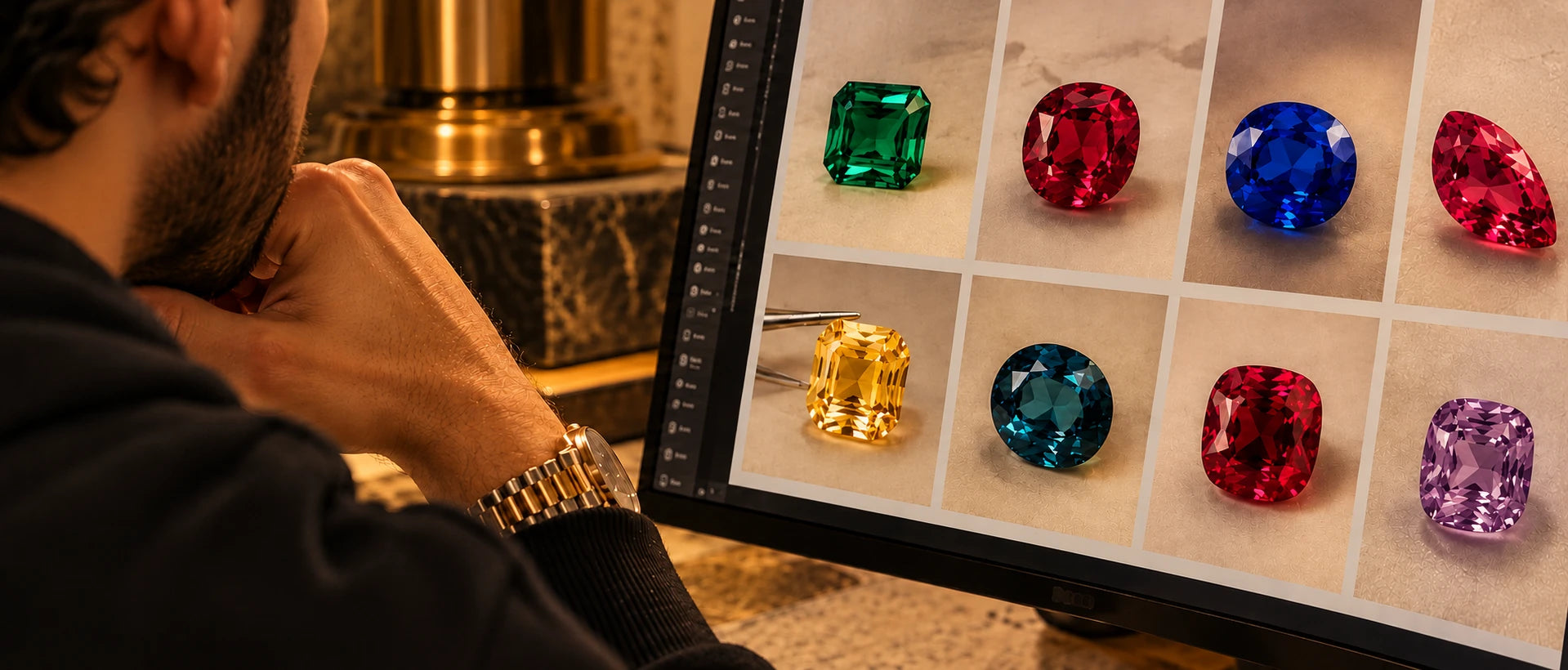Avi at a monitor reviewing a grid of gemstone photographs: green, red, blue, yellow, teal and purple stones in emerald, cushion, oval and marquise cuts