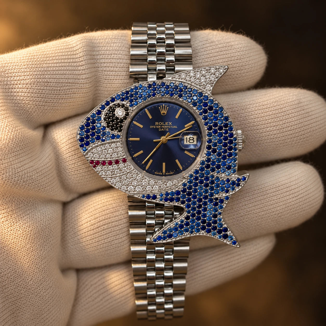 A steel watch held in a gloved hand, its case ringed by a custom white gold shark-shaped bezel pave-set with blue and white stones, with red stones along the lower fin