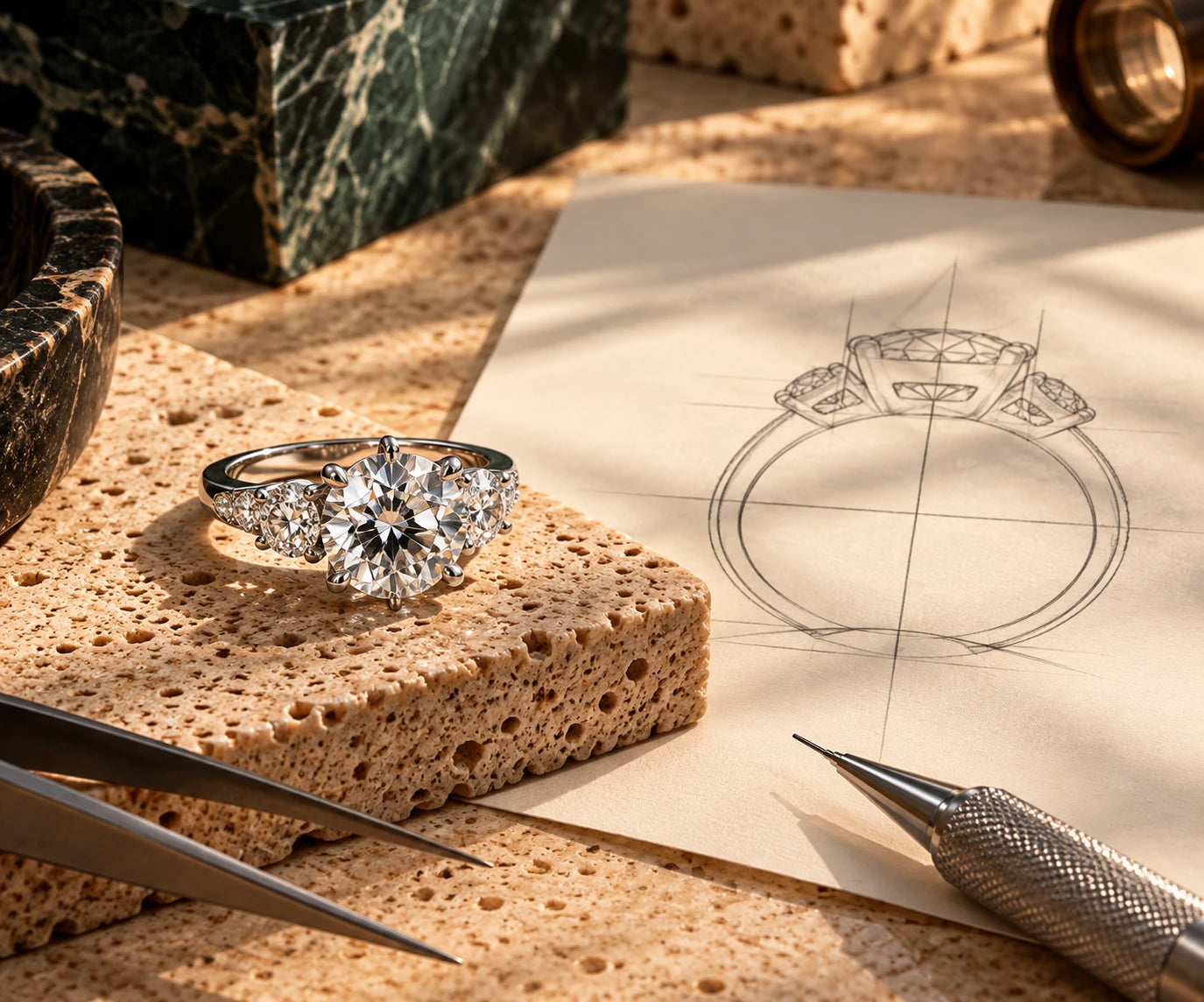 Diamond three-stone ring on a stone block beside a pencil sketch of the setting