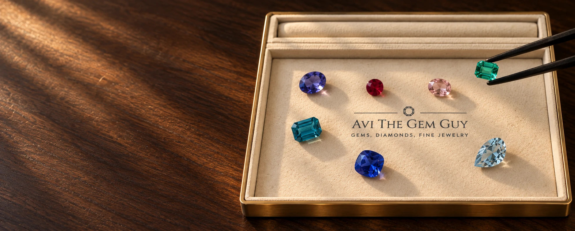 A cream suede jeweller's tray printed with the Avi The Gem Guy logo, holding loose faceted gemstones in violet, red, pink, teal, blue and pale aquamarine, with a green emerald-cut stone held in tweezers