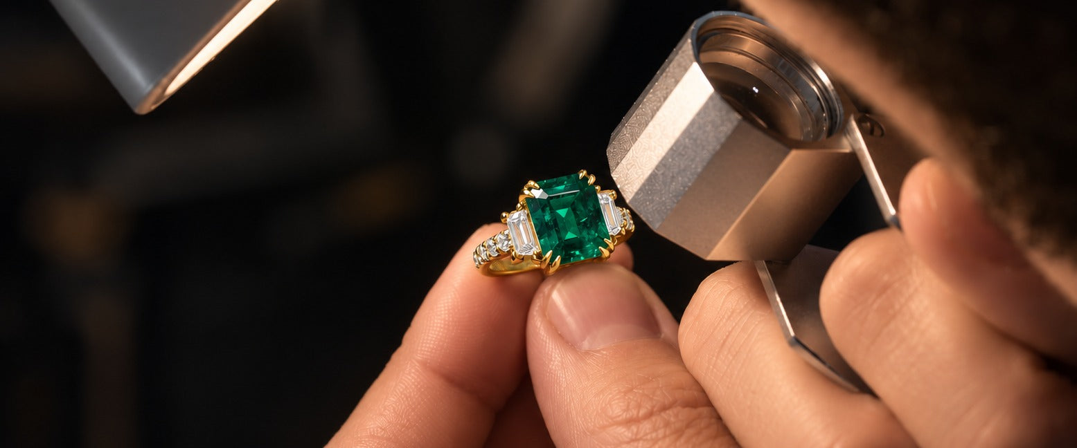 Avi examining an emerald and diamond ring under a loupe at the bench