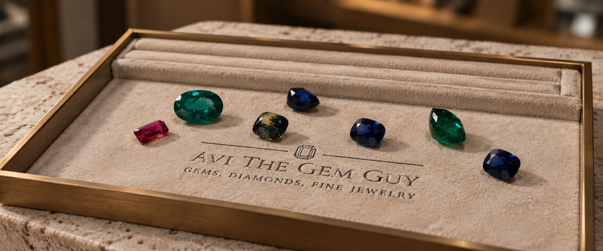 Loose emeralds, sapphires and a ruby in a brass-rimmed suede jeweller's tray printed with the Avi The Gem Guy wordmark