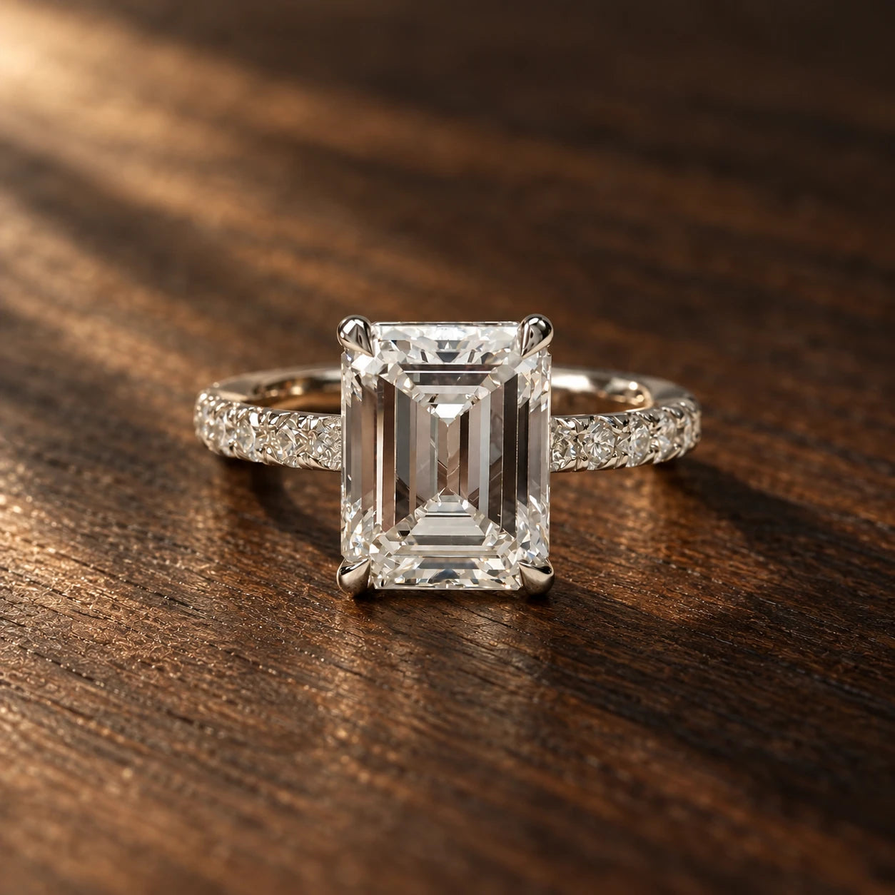 An emerald-cut diamond engagement ring in white metal with a pave-set band, resting on a stone surface