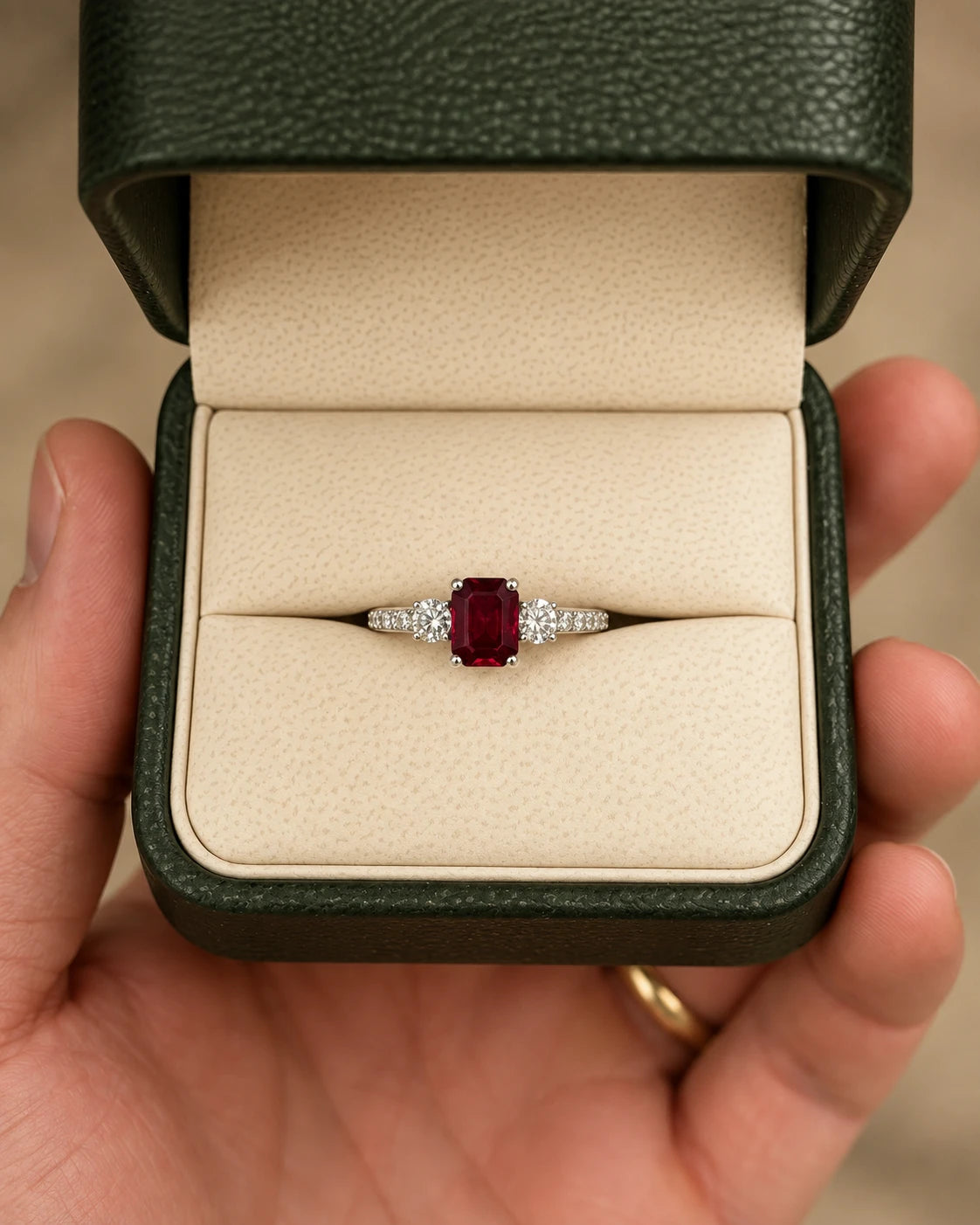 A three-stone ring with an emerald-cut ruby flanked by round diamonds, in a green ring box held in a hand