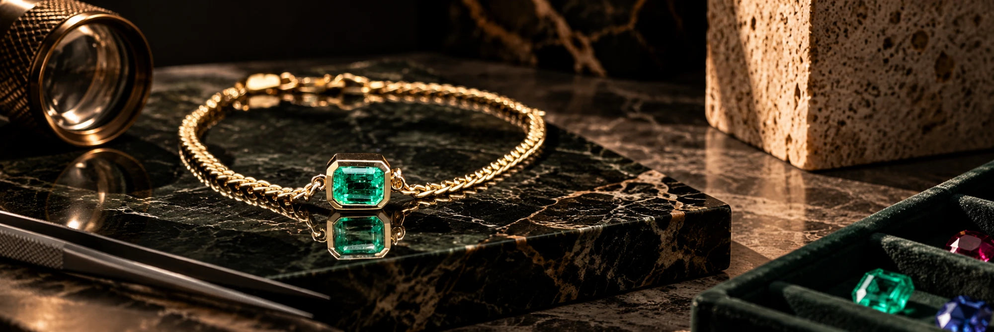 A gold chain bracelet set with an emerald-cut emerald, resting on green marble beside a loupe and a tray of coloured stones