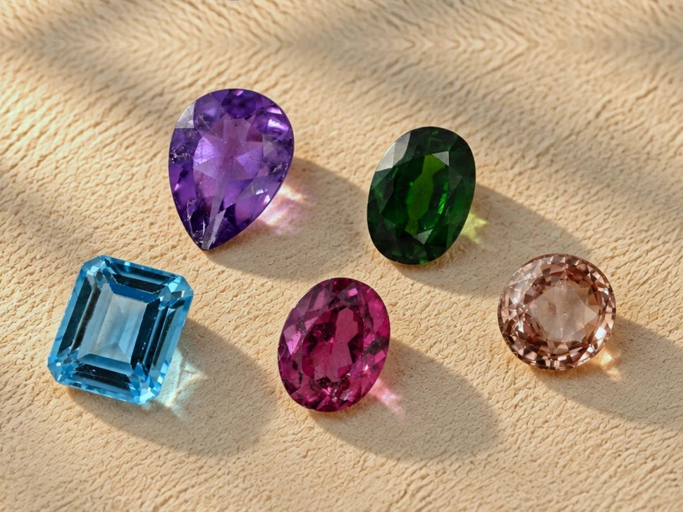 Example of Bronze tier quality: amethyst, chrome tourmaline, color change garnet, topaz, red spinel and rhodolite garnet. Actual stones vary in type, size and appearance.