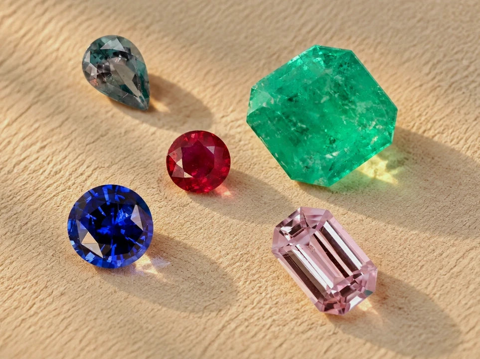 Example of Platinum tier quality: alexandrite, Colombian emerald, blue sapphire, ruby and pink sapphire. Actual stones vary in type, size and appearance.