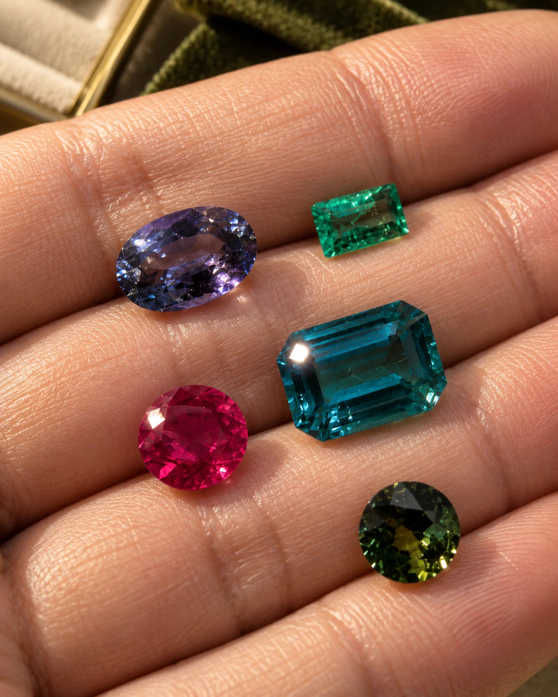 Five loose faceted gemstones — violet oval, green emerald-cut, red round, teal emerald-cut and dark green round — resting in an open palm